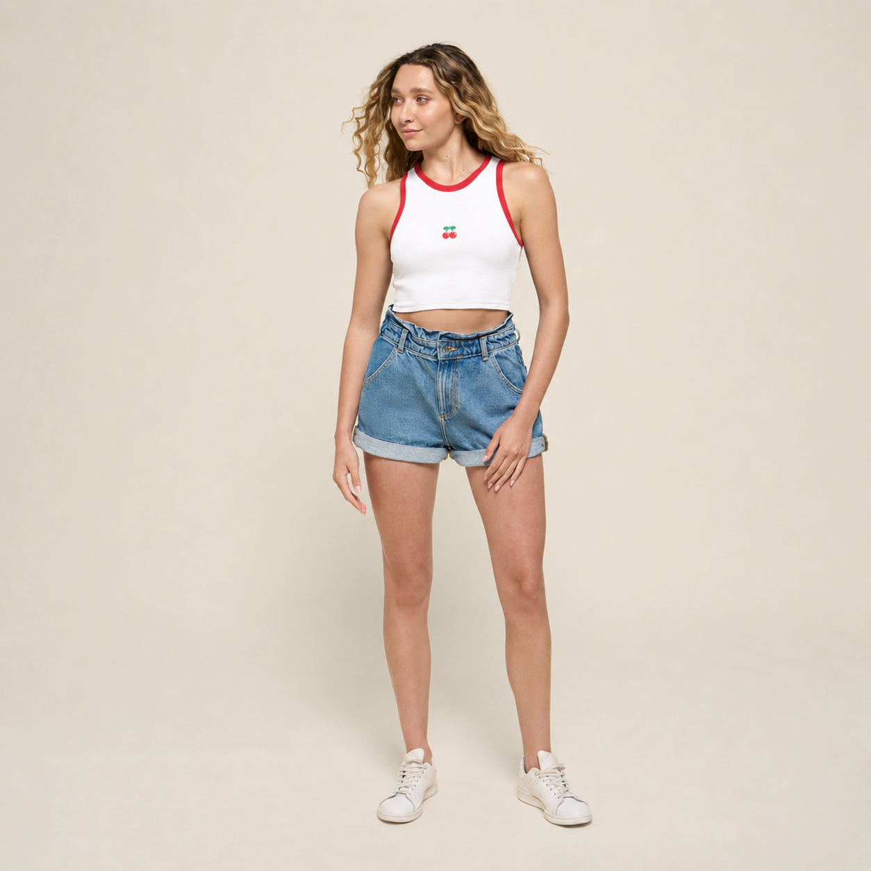 RIBBED CROP TOP CHERRY WHITE-RED