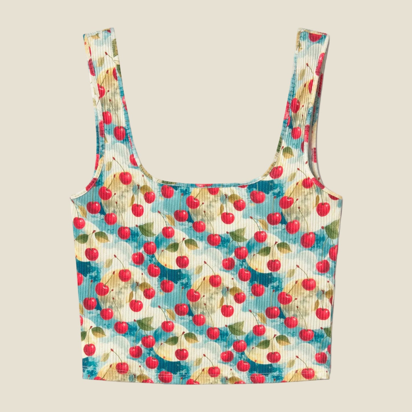 RIBBED TANK TOP CHERRIES LIGHT-BLUE